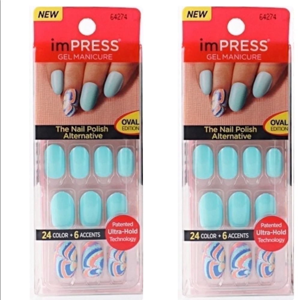 Kiss ImPress Press-On Short Length Oval Robin Blue Nails (Swirl Accents) x 2